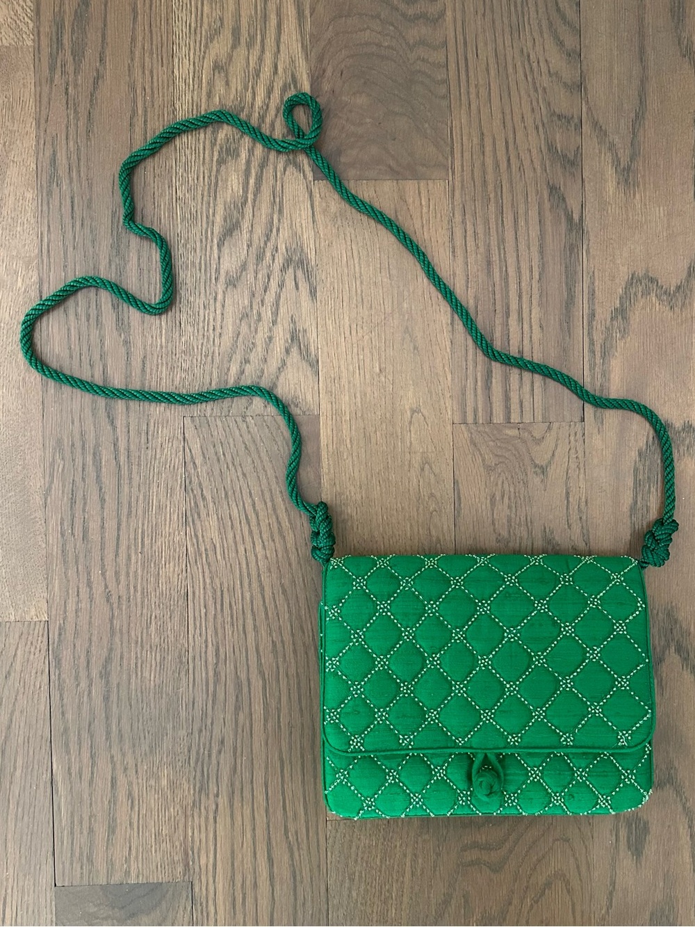 Vintage Raw Silk Quilted Beaded Crossbody Evening Bag in Kelly Green